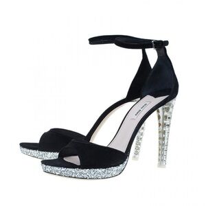 MIU MIU Black Suede Crystal Heel Ankle Strap | 39 | Loud Luxury